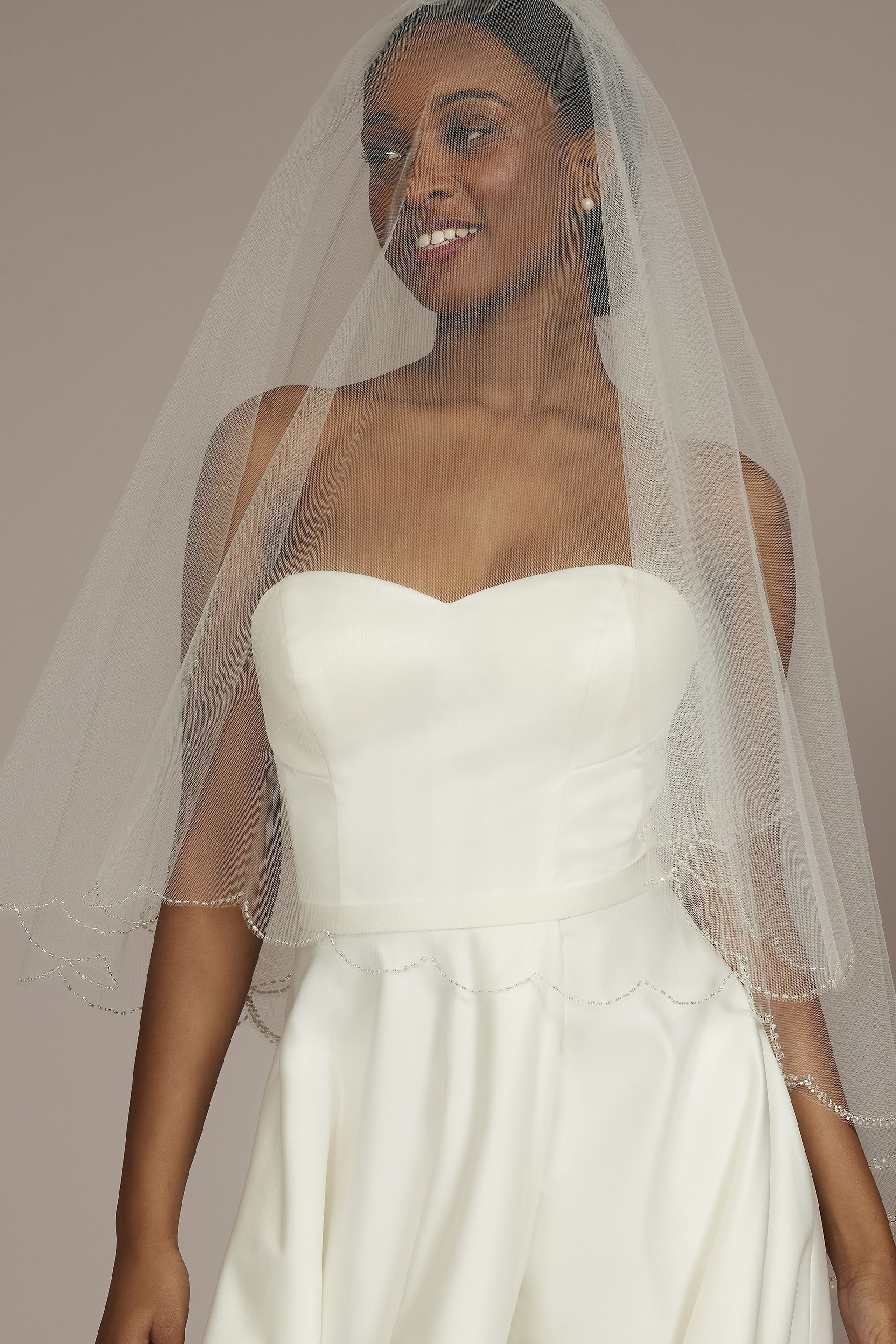 Two Tier Beaded Scallop-Edge Mid-Length Veil | David's Bridal